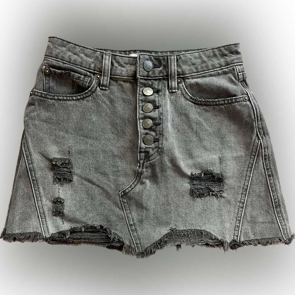 Free People We The Free charcoal gray denim mini skirt Button Up Distressed 24